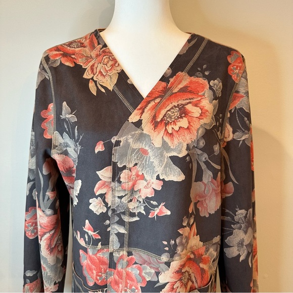 Solitaire Anthropologie Gray Floral Faux Suede Open Front Duster Jacket XL - Picture 3 of 15